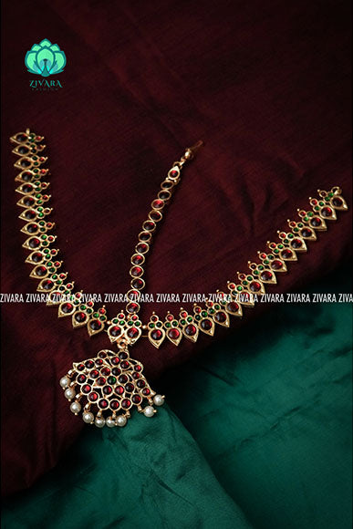 RED AND GREEN- NAYANA   -TRADITIONAL KEMP CHUTTI/TIKKA  - latest kemp dance jewellery collection