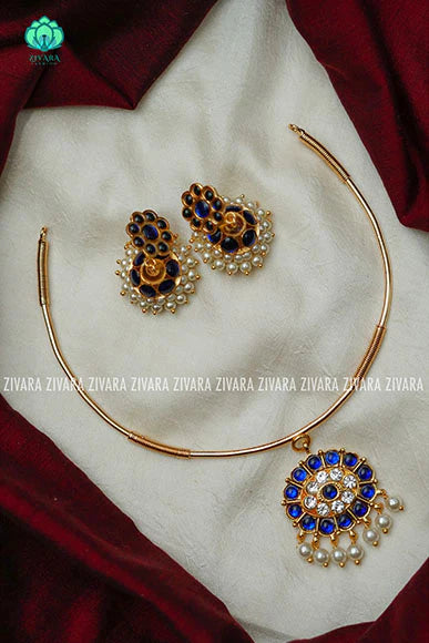 Blue - kirupashini- Kemp pipe Neckwear with earrings - south indian customised fusion jewellery