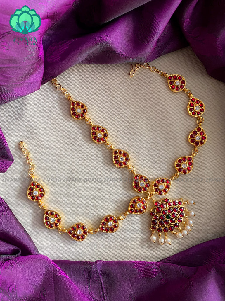RED AND GREEN-NRUTHYA   -TRADITIONAL KEMP CHUTTI/TIKKA  - latest kemp dance jewellery collection