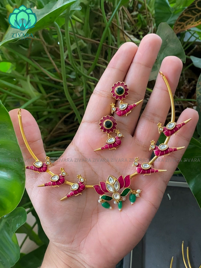 MANJU WARRIER Beautiful lotus and parrot enamel hasli neckwear with earrings- latest gold look alike collection