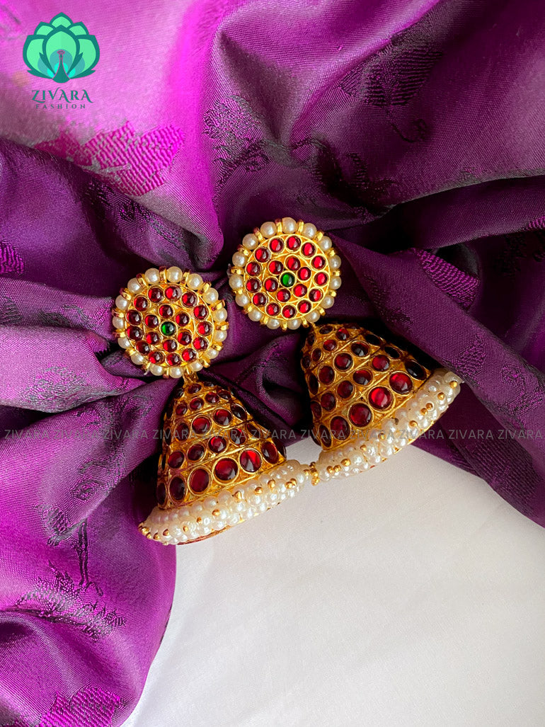 RED AND GREEN  -TRADITIONAL KEMP JUMBO SIZE PROMINENT JHUMKA - latest kemp dance jewellery collection