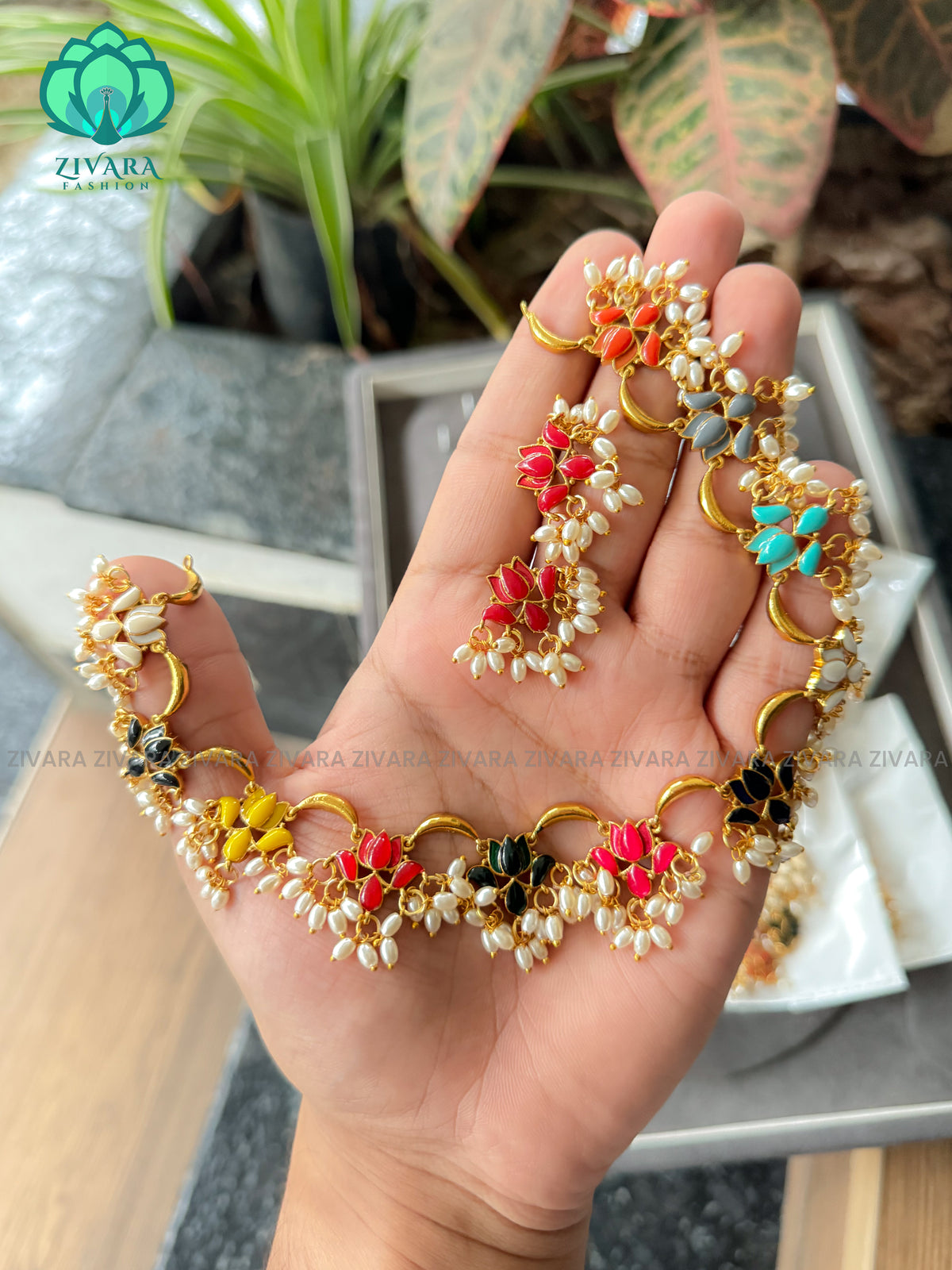 Super flexible and budget friendly Lotus enamel  neckwear with earrings- latest gold look alike collection