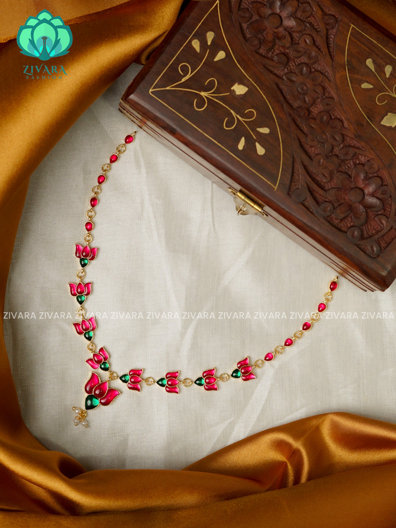 PINK  AND GREEN - TAMARA-LOTUS  HANDMADE NECKLACE WITH BRILLIANT FINISH MOTIFS- ZIVARA FASHION