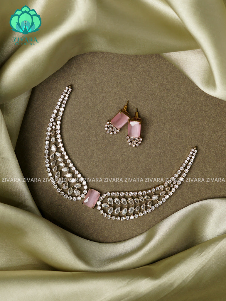 Pastel pink-Wings of beauty- Diamond look alike  - Ultra premium victoria finish dark polish trending neckwear collection- bridal collection- Zivara Fashion