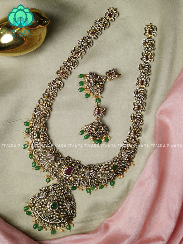 GREEN BEADS - Traditional DARK VICTORIA polish long haaram/neckwear with earrings- Zivara Fashion