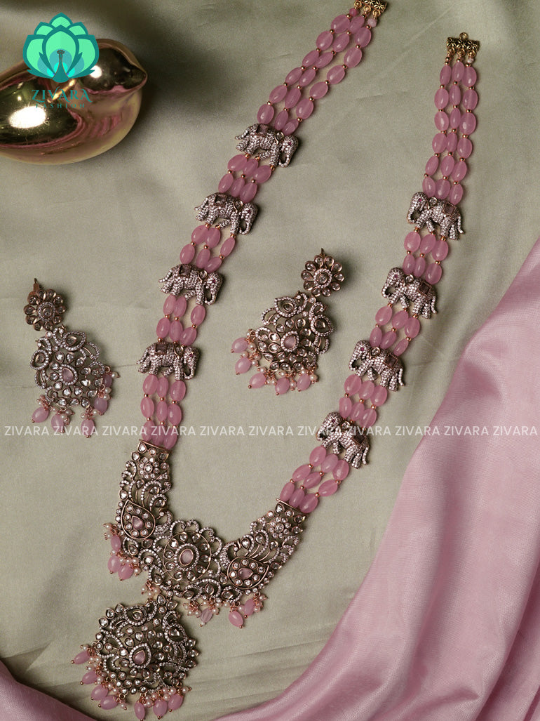 PASTEL PINK BEADED ELEPHANT  - Traditional DARK VICTORIA polish long haaram/neckwear with earrings- Zivara Fashion
