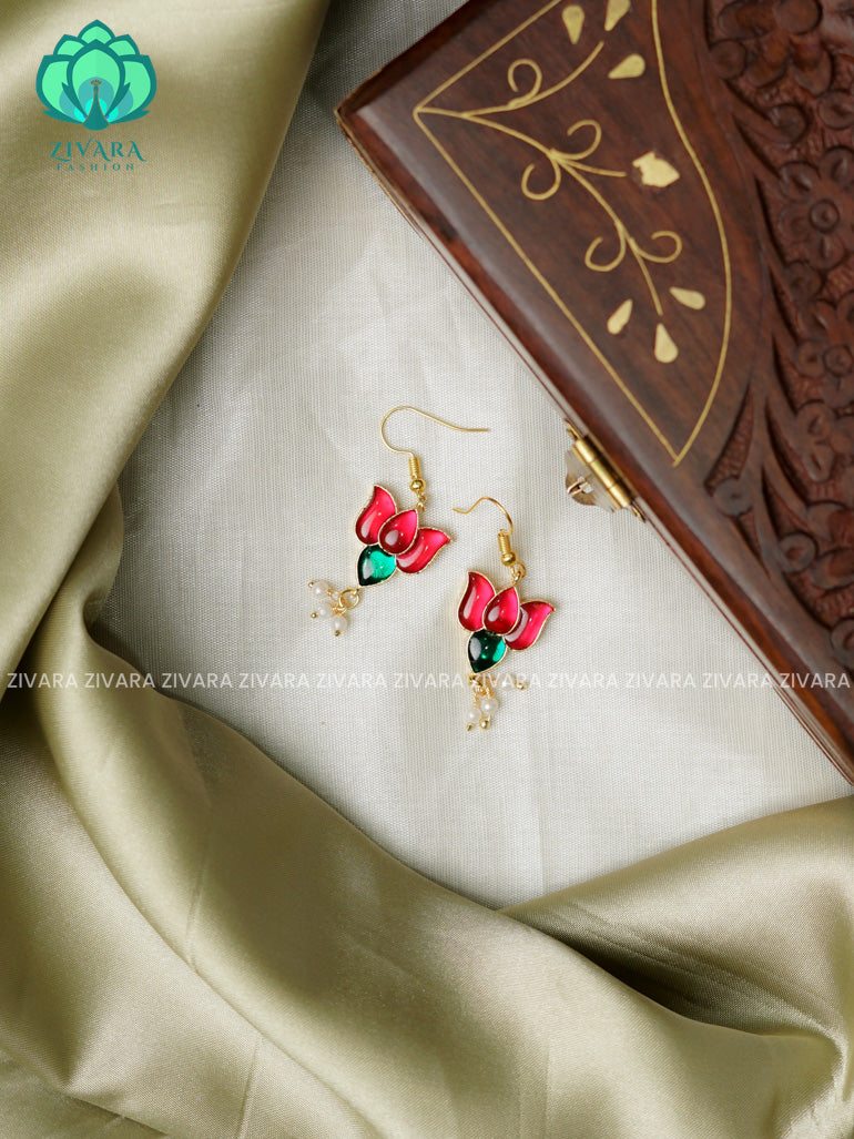 Pink and green  -Tamara Cute enamel lotus dangler (1 inch)- latest jewellery collection- zivara fashion