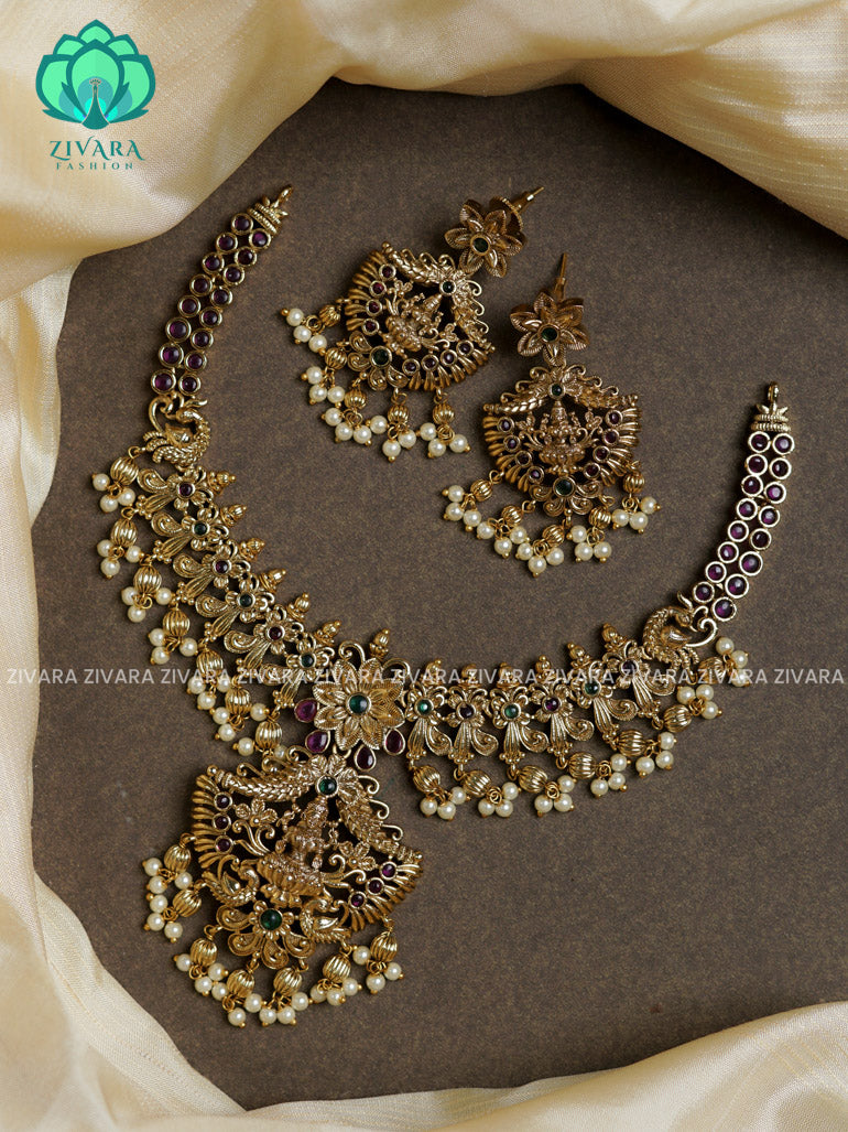 Real kemp Bridal temple guttapusalu  -Traditional south indian premium neckwear with earrings- Zivara Fashion- latest jewellery design.