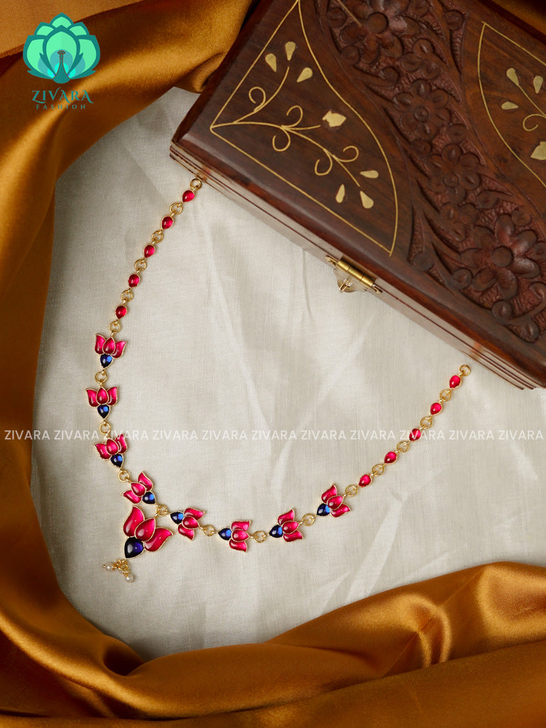 PINK AND BLUE - TAMARA-  LOTUS HANDMADE NECKLACE WITH BRILLIANT FINISH MOTIFS- ZIVARA FASHION