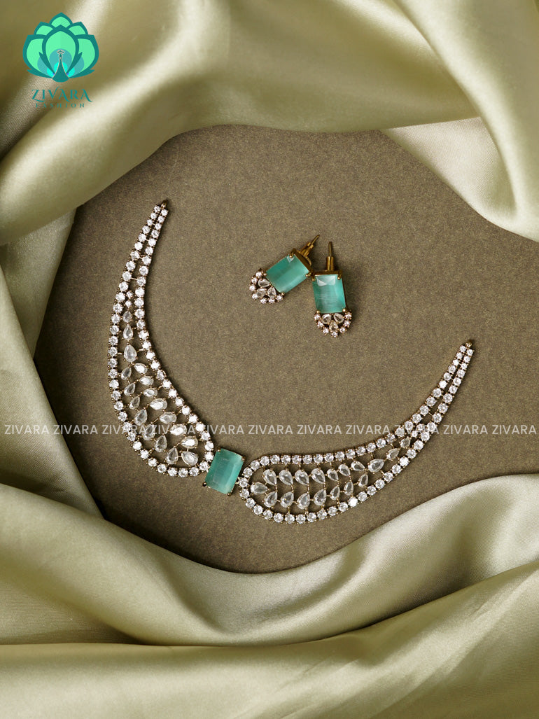 Pastel green -Wings of beauty- Diamond look alike  - Ultra premium victoria finish dark polish trending neckwear collection- bridal collection- Zivara Fashion