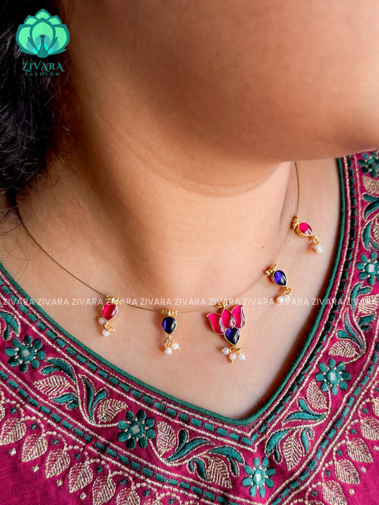 PINK AND BLUE -LOTUS TAMARA- INVISIBLE MINIMAL ELEGANT HANDMADE NECKLACE WITH BRILLIANT FINISH MOTIFS- ZIVARA FASHION