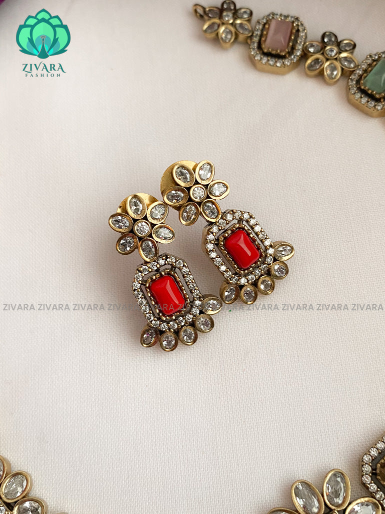 Elegant brilliant navaratna Victorian polish finish neckwear with earrings  - Premium quality CZ Matte collection-south indian jewellery