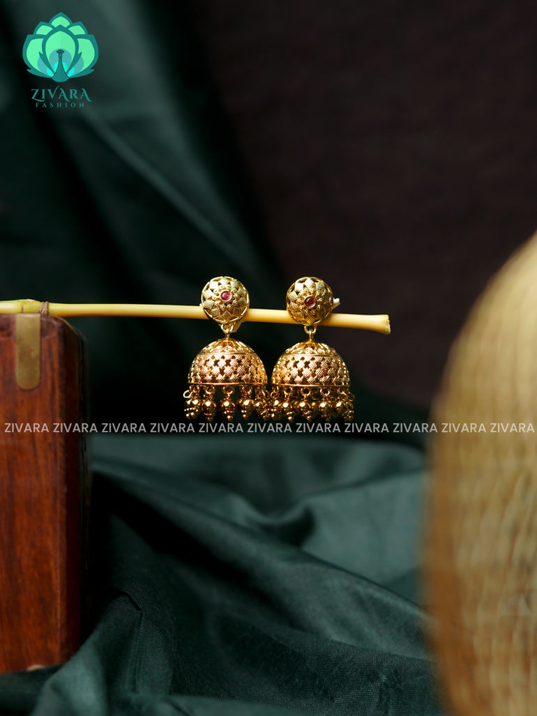 SMALL GOLD TYPE (1.5 IN)- TRADITIONAL PREMIUM MATTE  polish JHUMKA- latest jewellery collection- zivara fashion