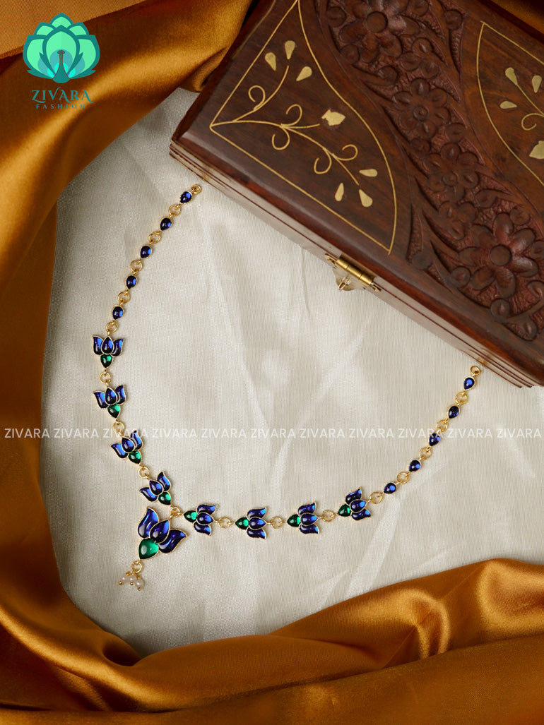BLUE AND GREEN - TAMARA-  LOTUS HANDMADE NECKLACE WITH BRILLIANT FINISH MOTIFS- ZIVARA FASHION