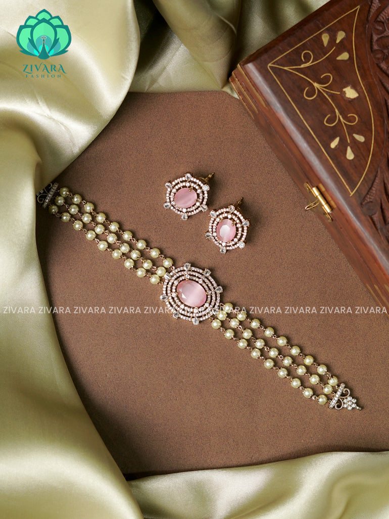 PASTEL PINK - PEARL CHAIN -  Ultra premium victoria finish dark polish trending CHOKER collection- Zivara Fashion