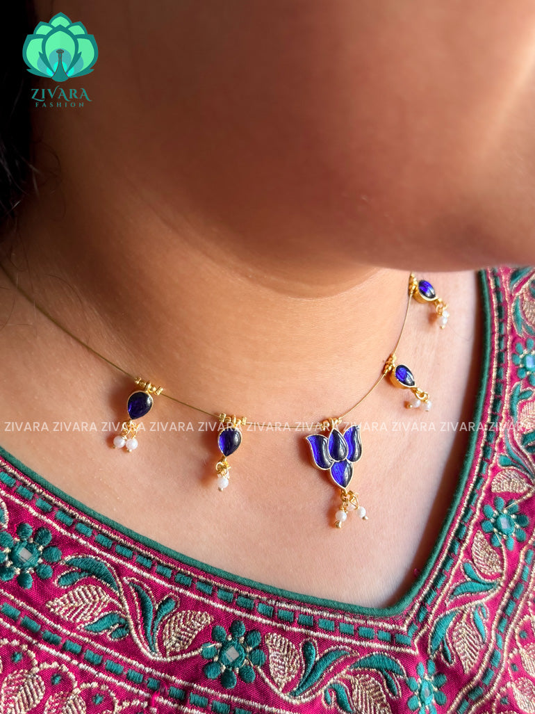 BLUE - TAMARA-LOTUS  INVISIBLE MINIMAL ELEGANT HANDMADE NECKLACE WITH BRILLIANT FINISH MOTIFS- ZIVARA FASHION