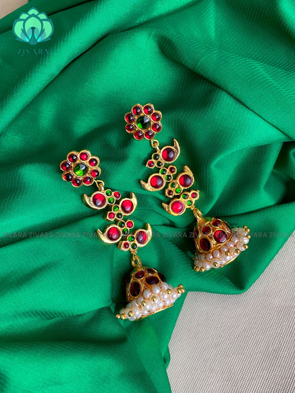 RED AND GREEN  -DHANYA   - HANDMADE JHUMKAS - latest kemp dance jewellery collection