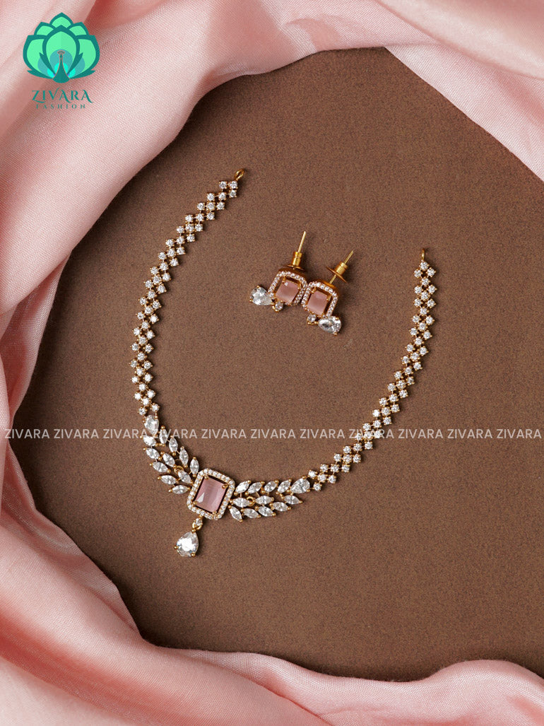 PASTEL PINK  DIAMOND LOOK ALIKE  - stylish and minimal elegant neckwear with earrings- Zivara Fashion