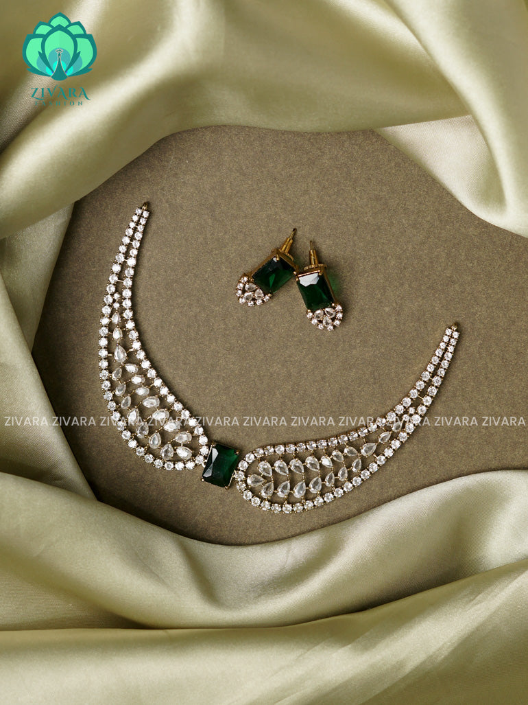 Dark green -Wings of beauty- Diamond look alike  - Ultra premium victoria finish dark polish trending neckwear collection- bridal collection- Zivara Fashion