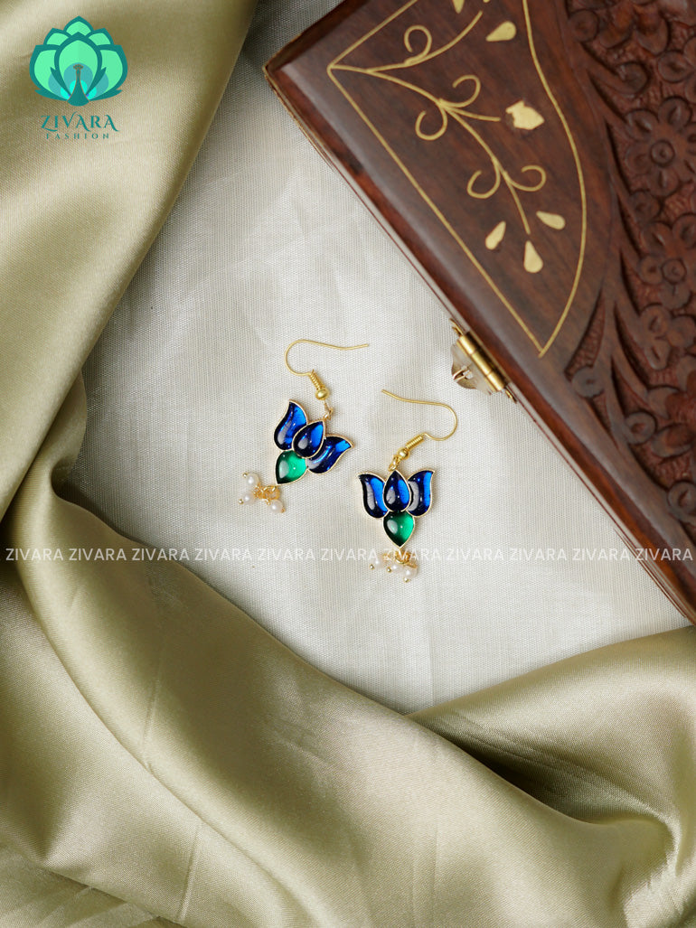 Blue and Green -Tamara Cute enamel lotus dangler (1 inch)- latest jewellery collection- zivara fashion