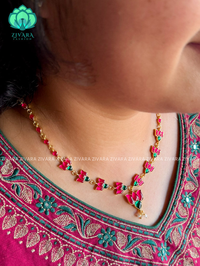 PINK  AND GREEN - TAMARA-LOTUS  HANDMADE NECKLACE WITH BRILLIANT FINISH MOTIFS- ZIVARA FASHION