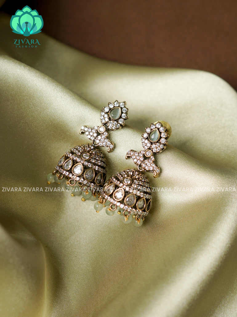 Pastel green  - Victoria dark finish  stone medium size jhumka (2 INCHES) - TRADITIONAL PREMIUM  JHUMKA- latest jewellery collection- zivara fashion