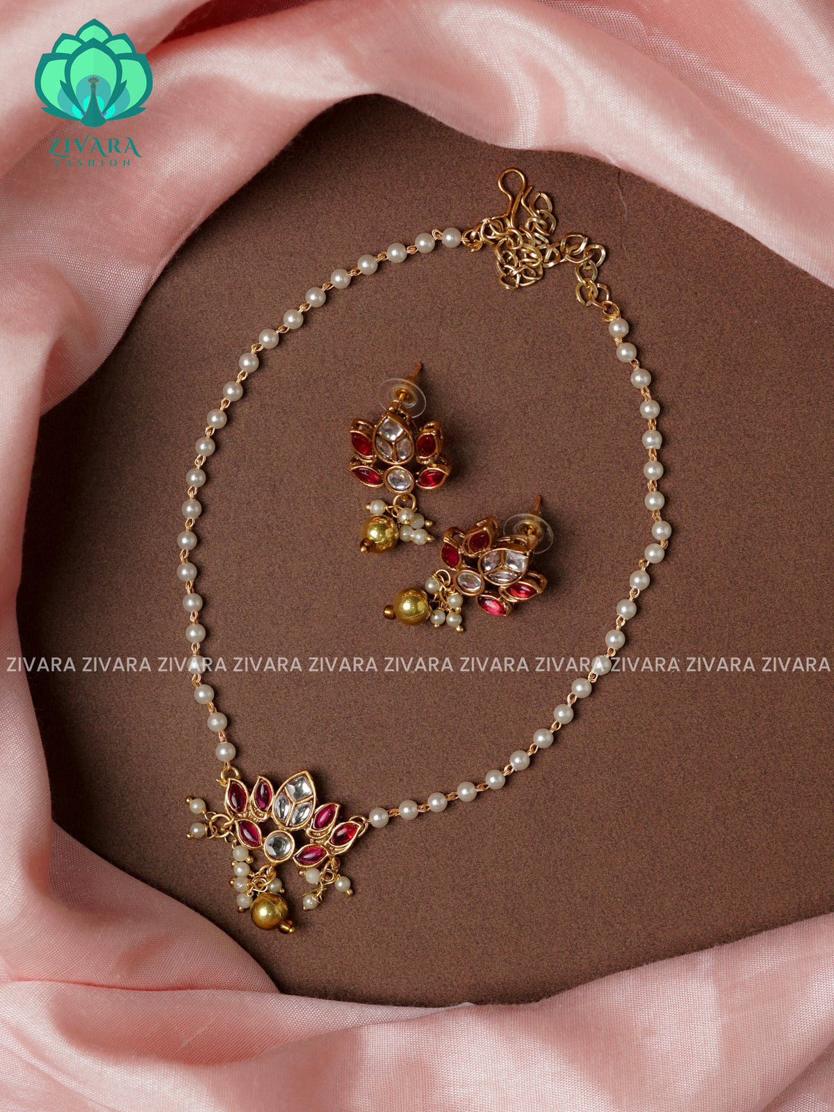 RUBY  Lotus pearl chain -Traditional south indian NORMAL MATTE neckwear with earrings- Zivara Fashion- latest jewellery design
