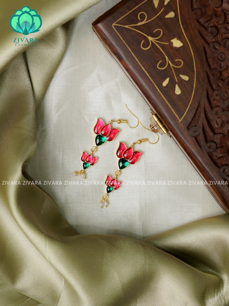 Pink and green  -Tamara Cute enamel lotus dangler (1.5 inches)- latest jewellery collection- zivara fashion