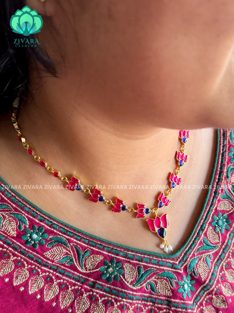 PINK AND BLUE - TAMARA-  LOTUS HANDMADE NECKLACE WITH BRILLIANT FINISH MOTIFS- ZIVARA FASHION