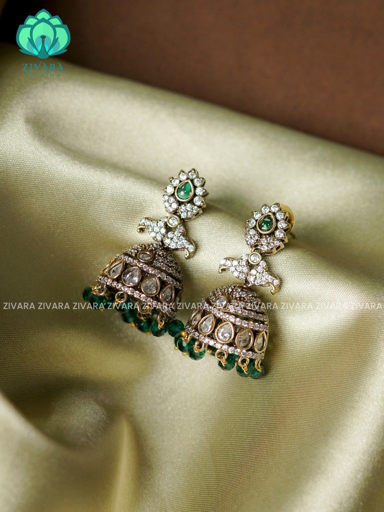 Dark green  - Victoria dark finish  stone medium size jhumka (2 INCHES) - TRADITIONAL PREMIUM  JHUMKA- latest jewellery collection- zivara fashion