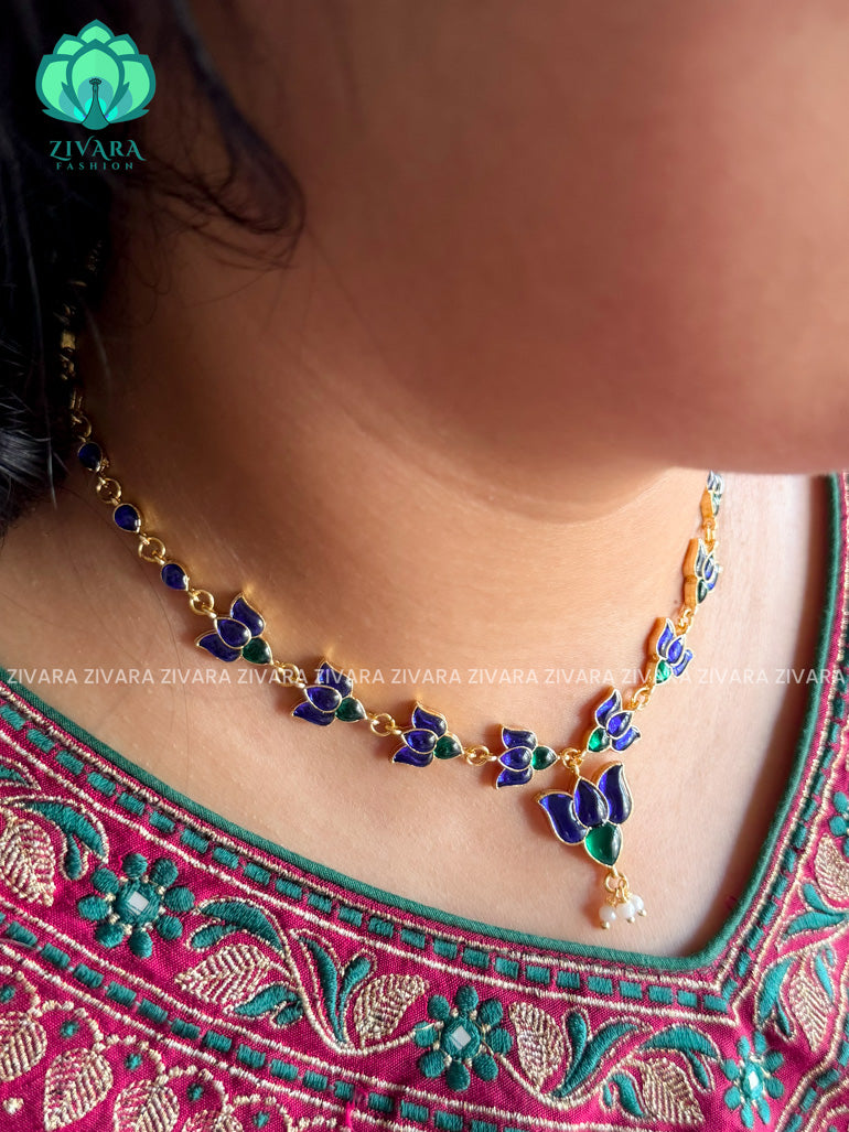 BLUE AND GREEN - TAMARA-  LOTUS HANDMADE NECKLACE WITH BRILLIANT FINISH MOTIFS- ZIVARA FASHION