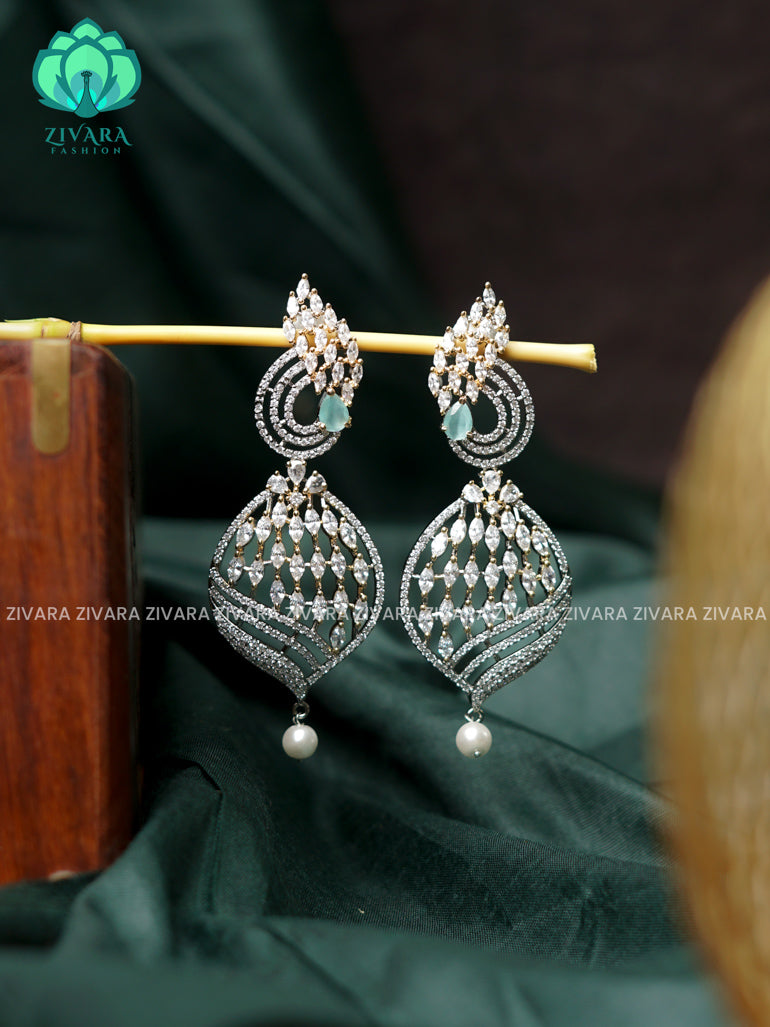 PASTEL GREEN - Long (3 inches) and stylish bridal- Victoria dark polish finish hanging with studs- latest jewellery collection- zivara fashion
