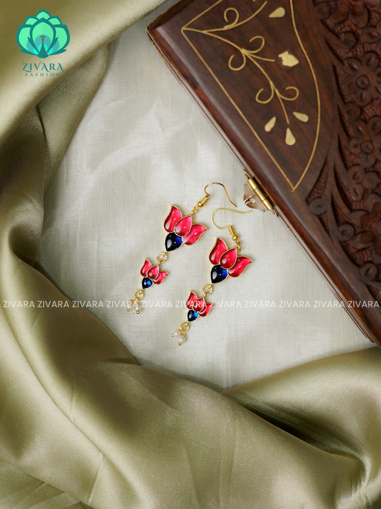 Pink and blue -Tamara Cute enamel lotus dangler (1.5 inches)- latest jewellery collection- zivara fashion