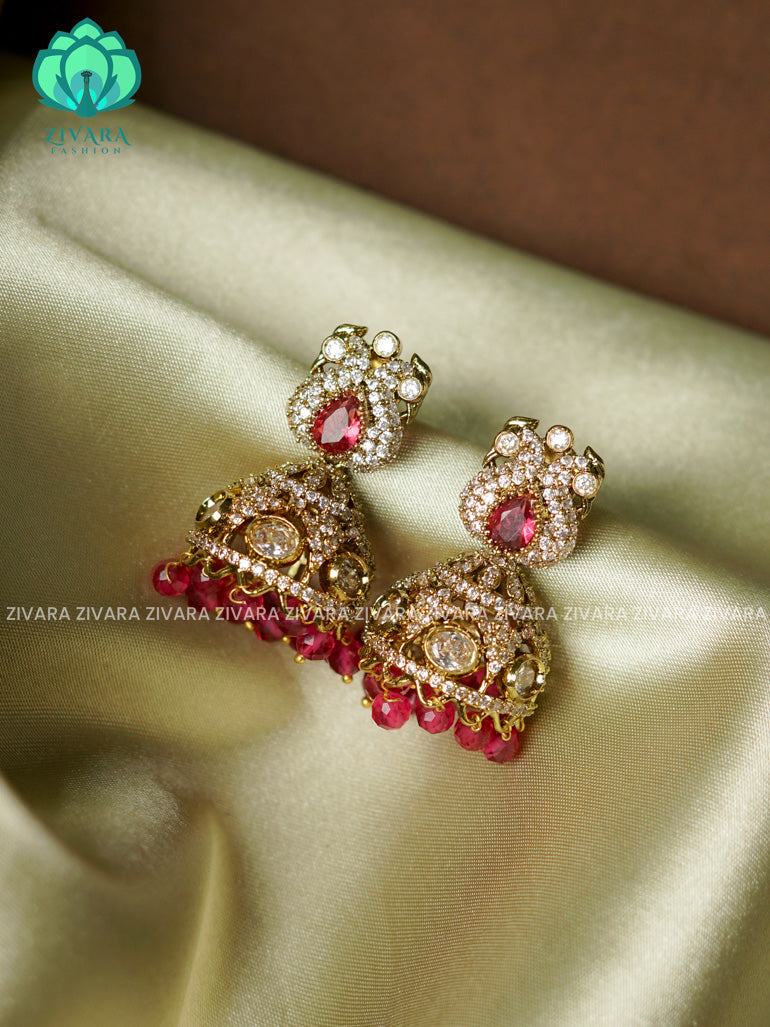 Ruby - Victoria dark finish  stone medium size jhumka (2 INCHES) - TRADITIONAL PREMIUM  JHUMKA- latest jewellery collection- zivara fashion