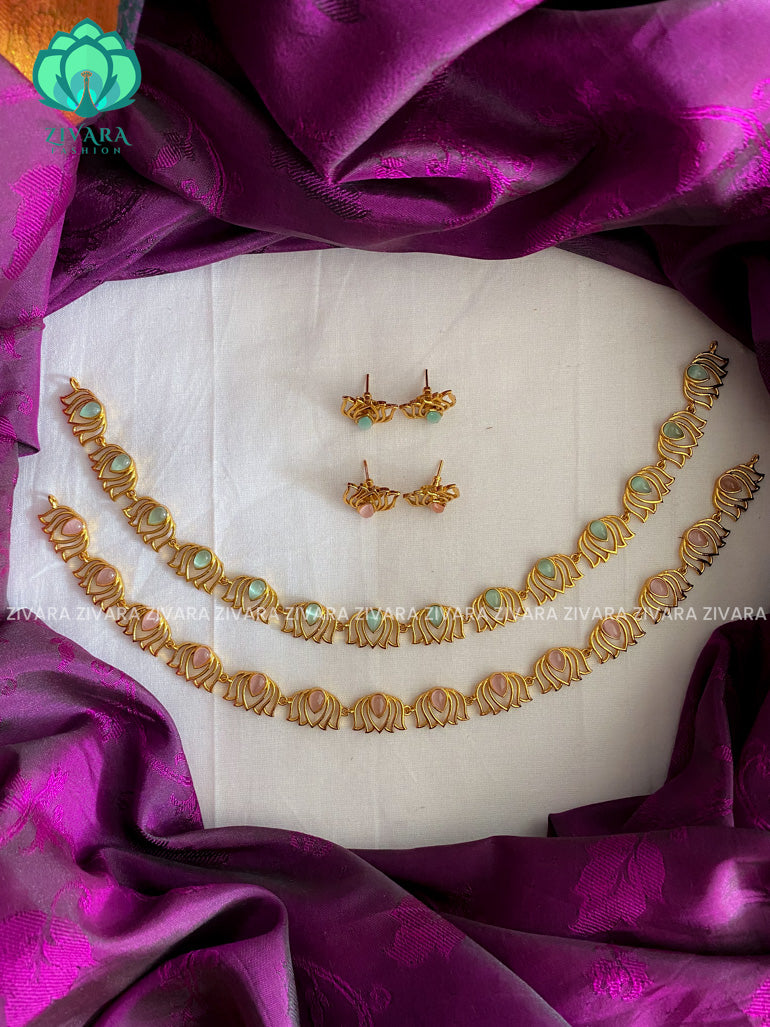 Hotseller lotus premium quality neckwear IN PASTEL COLOUR STONES with earrings- latest gold look alike collection