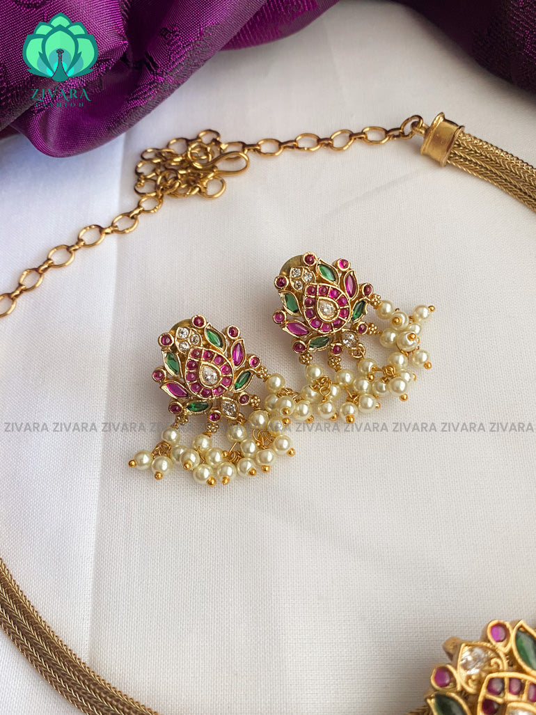 Flexible chain  lotus pendant necklace with  earrings - CZ Matte Finish- Zivara Fashion