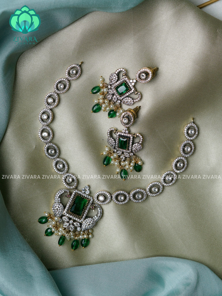 Green BEADS - Peacock - Ultra premium victoria finish dark polish trending neckwear collection- bridal collection- Zivara Fashion