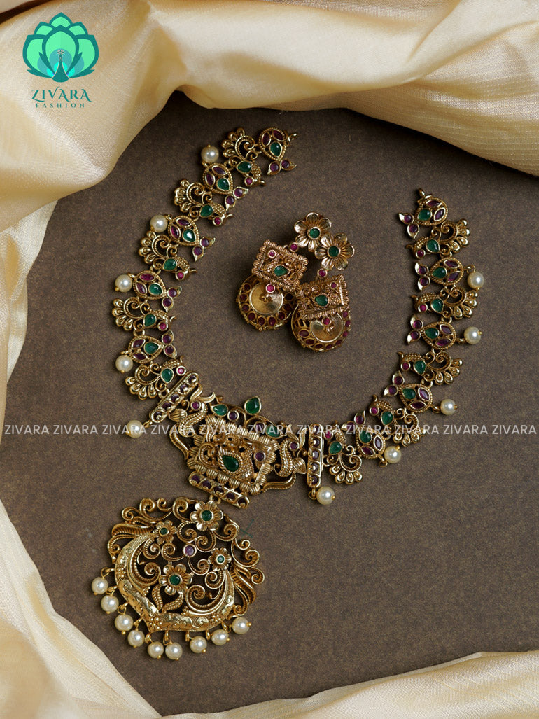 Red Beads Bridal temple -Traditional south indian premium neckwear with earrings- Zivara Fashion- latest jewellery design.