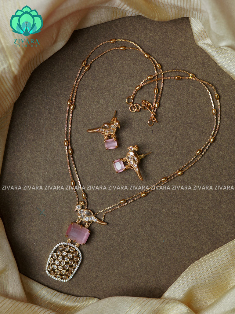 Pastel Pink-Layered colour stone - stylish and minimal elegant neckwear with earrings- Zivara Fashion