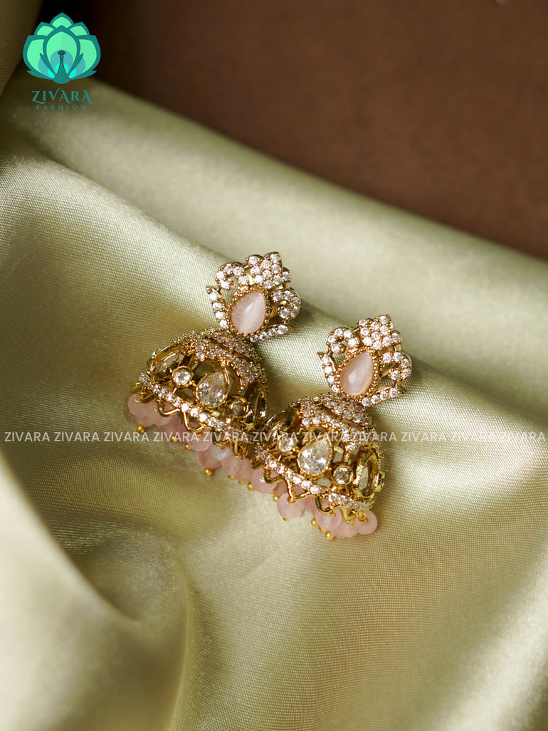 Pastel pink  - Victoria dark finish  stone medium size jhumka (2 INCHES) - TRADITIONAL PREMIUM  JHUMKA- latest jewellery collection- zivara fashion