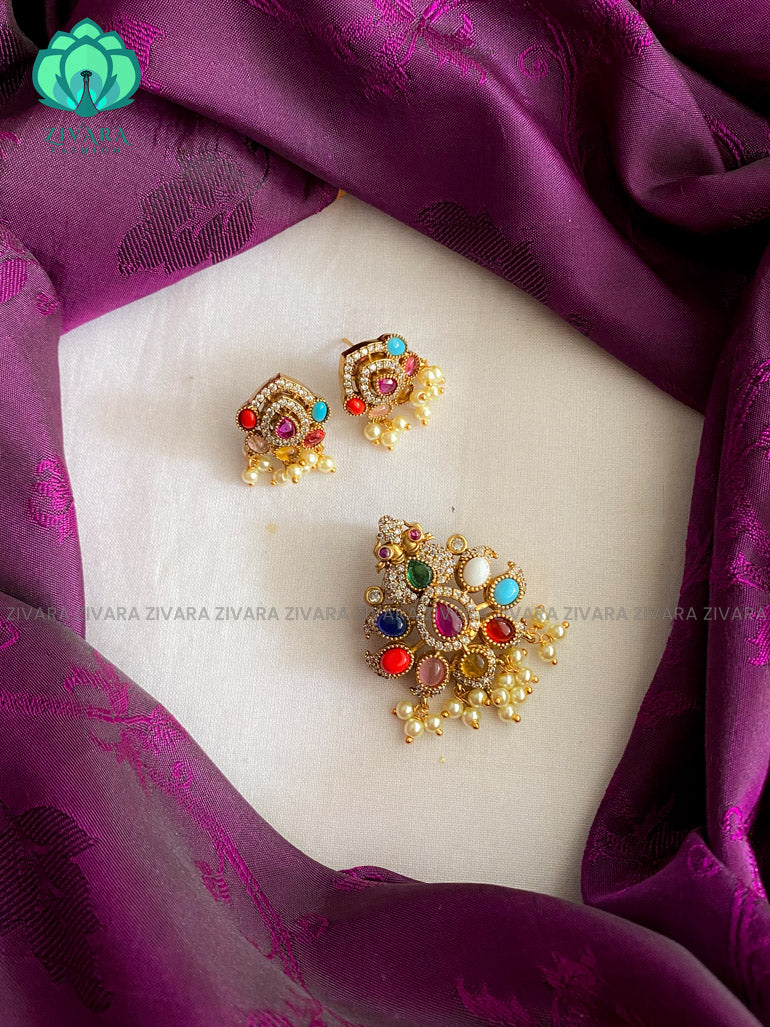 Cute navaratna pendant set with earrings- Zivara Fashion