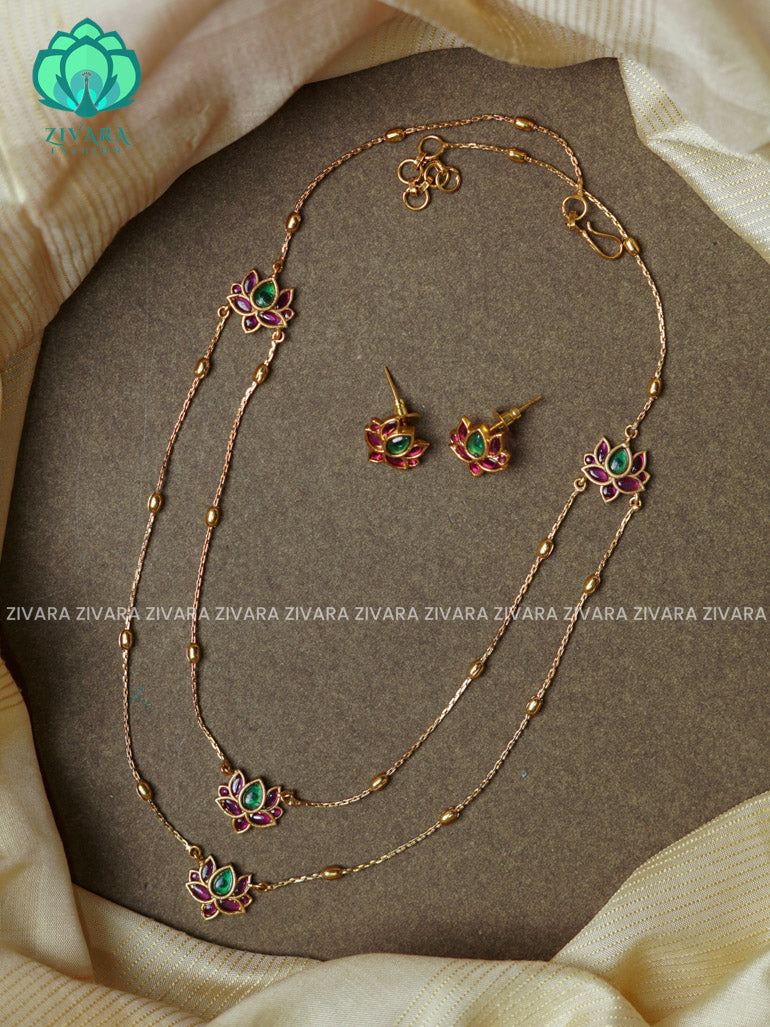 Ruby green -Step lotus -Traditional south indian premium neckwear with earrings- Zivara Fashion- latest jewellery design.