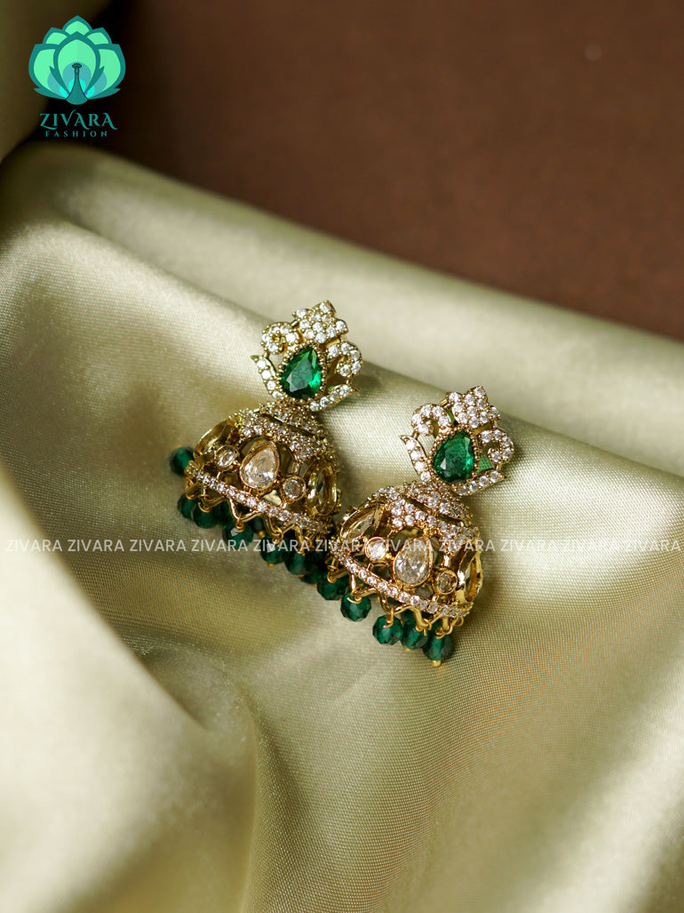 DArk green  - Victoria dark finish  stone medium size jhumka (2 INCHES) - TRADITIONAL PREMIUM  JHUMKA- latest jewellery collection- zivara fashion