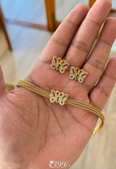 Kids friendly flexible chain butterfly pendant necklace with  earrings - CZ Matte Finish- Zivara Fashion