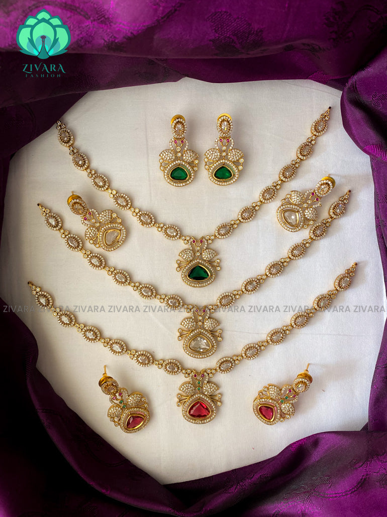 Elegant colour pendant and annam neckwear with earrings  - Premium quality CZ Matte collection-south indian jewellery