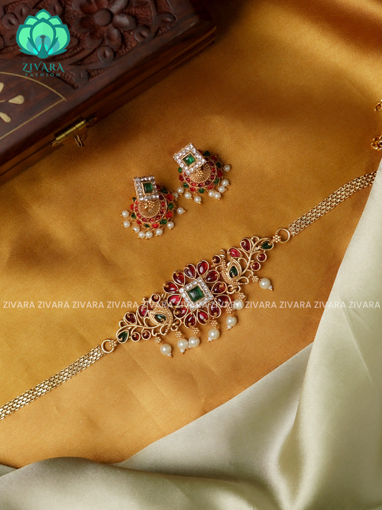 TRENDING BOX PEACOCK NORMAL MATTE choker with earrings-latest south indian jewellery