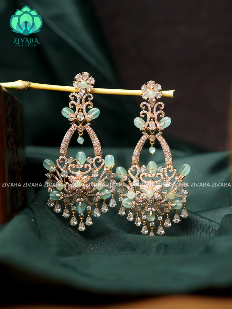 PASTEL GREEN - EXTREMELY Long (3.75 inches) and stylish bridal- GOLD polish finish hanging with studs- latest jewellery collection- zivara fashion