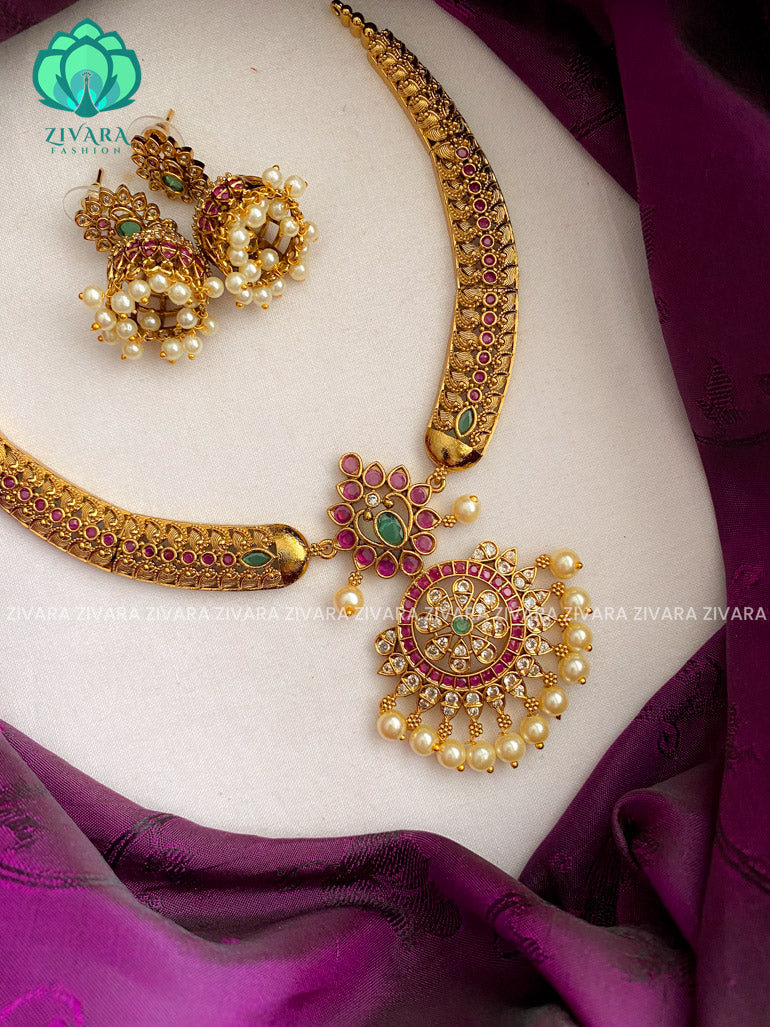 BRILLIANT finish horn neckwear with earrings  -  latest pocket friendly south indian jewellery collection