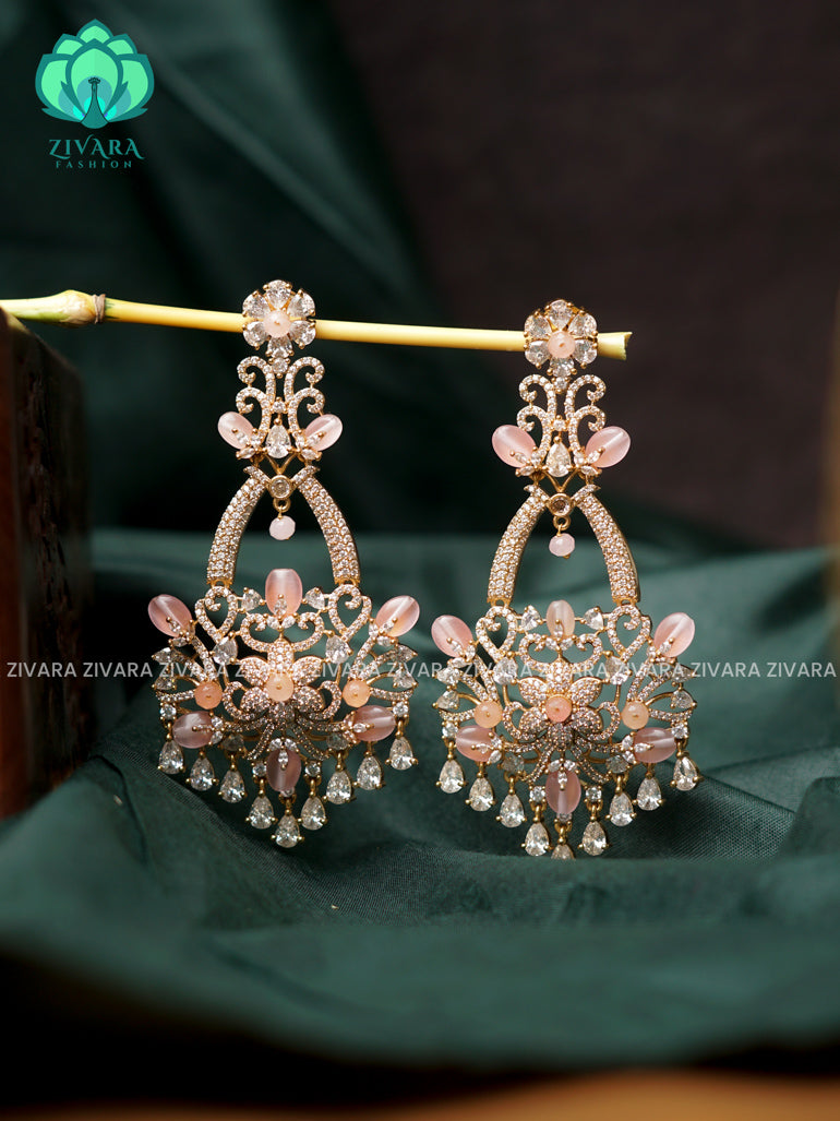 PASTEL PINK - EXTREMELY Long (3.75 inches) and stylish bridal- GOLD polish finish hanging with studs- latest jewellery collection- zivara fashion