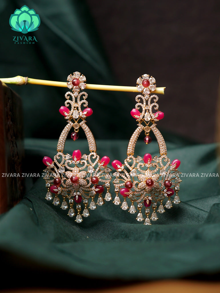 RUBY - EXTREMELY Long (3.75 inches) and stylish bridal- GOLD polish finish hanging with studs- latest jewellery collection- zivara fashion